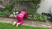 Watching Aiyana wearing supersexy pink shiny nylon rainwear while planting flowers in the garden (Video)