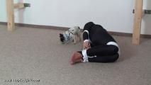 Janet hogtied in black Lycra catsuit