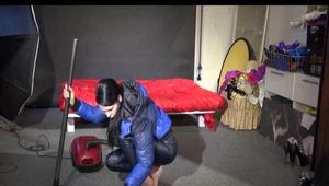 Destiny cleaning up the studio wearing a sexy rain pants and a down jacket (Video)