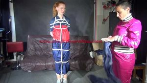 SEXY RONJA being tied and gagged and hooded from Sexy Stella both wearing sexy shiny nylon rainwear (Video) 