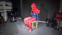 Sandra wearing a sexy OLDSCHOOL shiny nylon downsuit sitting on a chair being tied, gagged and hooded with tension belts and a clothgag (Video)