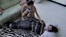 Elvina and  Xenia - tied Xenia is packed, rope webbed and tickled by Elvina (video)