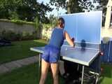 Get a new video with Sandra enjoying the Summer in the Garden with Table-Tennis and a Pool in her shiny nylon Shorts