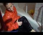 SEXY SANDRA wearing an special orange down jacket and a black down pants during taking a bath playing with water and the downwear (Video)