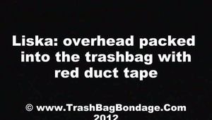 Liska über Kopf Müllsack mit rotem Klebeband verpackt (video)