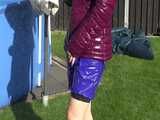 Watch Chloe taking a Shower in her new shiny nylon Downjacket