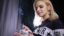 18 y.o. Angelina is smoking two 120mm all white cigarettes