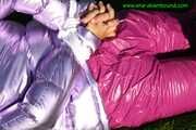 Watch Sandra beeing bound and gagged in her shiny nylon Downwear in the Garden