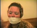 BBW MICHELLE IS WRAP VET TAPE GAGGED, CLEAVE GAGGED, BAREFOOT, TOE-TIED & BOUND UP ON THE BED (D47-13)