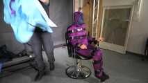 Ms Ungeniert bound and gagged in shiny nylon Rainwear, getting some breathtaking lessons