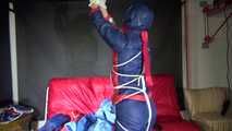 Sexy Sonja wearing a sexy oldschool shiny nylon downbib and donjacket being tied and gagged with ropes overhead (Video)