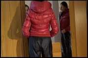 Lucy wearing a sexy very thin adidas rain pants and a red shiny down jacket posing infront of the mirror (Video)