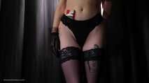 Red lipstick, underwear, stockings and lace gloves