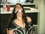 34 Yr OLD LATINA HOUSEKEEPER WITH BIG TITS IS BEING HELD HOSTAGE & IS BALL-GAGGED & TIED TO A CHAIR, CROTCH ROPED & WEARING BLACK LACE TEDDY (D54-2)