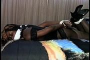 21 Yr OLD BLACK COLLEGE STUDENT OTM, HOG TIED ON BED WHILE  WEARING BLACK LINGERIE, GARTER BELT & HIGH HEELS (D71-3)