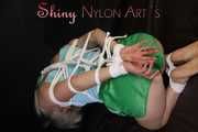 SEYX SONJA being tied and gagged with ropes and a clothgag wearing a sexy green shiny nylon shorts and a blue shirt (Pics)