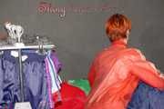 SONJA wearing a very special red shiny nylon jacket and a black shiny nylon pant sorting shiny nylon shorts (Pics)