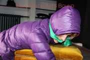 Watching sexy Sonja being tied and gagged with ropes and a cloth gag on a stool wearing a sexy shiny nylon rain pant and a purple down jacket (Pics)