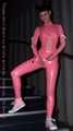 A babypink latex catsuit with Emma and a wet diaper inside