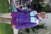 Watching sexy Mara wearing a sexy purple downskirt and a purple downjacket lolling in the swimming pool (Pics)