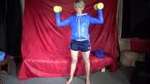 Watching sexy Sonja wearing a supersexy oldschool blue shiny nylon shorts and a lightblue rain jacket during her workout with barbells (Video)