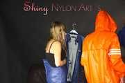 Watching sexy Sandra and Stella putting on several hot shiny nylon rainwear (Pics)