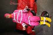 Watching sexy Pia being tied and gagged with ropes and a clothgag on a hairdressers chair wearing a very sexy pink rainwear combination with hood (Pics)