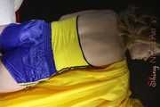 ***NEW MODELL MIA*** wearing a sexy yellow/blue shiny nylon shorts and a yellow top preparing her bed and changing cloths (Pics)