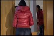 Lucy wearing a sexy very thin adidas rain pants and a red shiny down jacket posing infront of the mirror (Video)