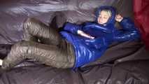 *** Watching sexy SONJA during changing her clothes into a sexy brown shiny nylon down pants and a sexy blue shiny nylon down jacket lolling on the bed (video)***
