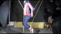 Sonja hanging tied, gagged and hooded with ropes on the ceiling wearing a supersexy oldschool down suit (Video)