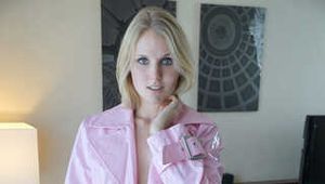 Hot  nude vamp in pink vinyl trench coat