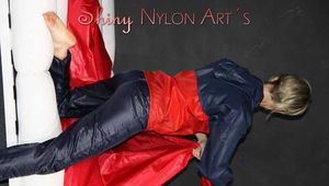 Watching Sonja wearing a black shiny nylon rain pants and a shiny nylon rain jacket preparing bed (Pics)