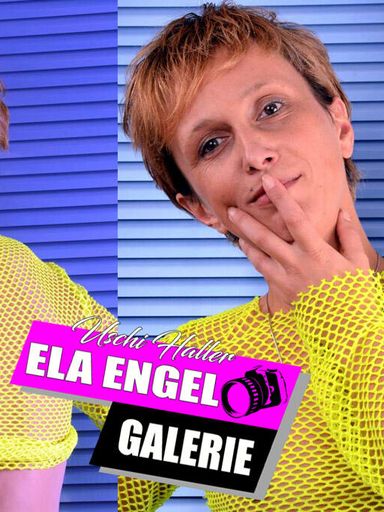 Ela Engel in the studio with yellow fishnet shirt