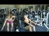 Katharina and Jenny in the fitness studio wearing sexy shiny nylon shorts and tops (Video)