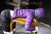 Watching sexy Sonja being tied and gagged with ropes and a cloth gag on a stool wearing a sexy shiny nylon rain pant and a purple down jacket (Pics)