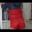 Jill wearing a red shiny nylon shorts and an oldschool rain jacket during cleaning (Video)