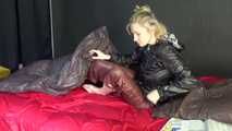 NEW MODELL MIA enjoys the shiny nylon material wearing a sexy brown shiny nylon pants and a black rain jacket (Pics)