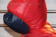 Watching sexy Jill wearing a red shiny nylon rain pants and an oldschool rain jacket under a red downjacket being tied and gagged with ropes and a ballgag on a bed (Pics)