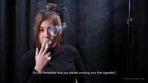 Alina is giving an interview while smoking 100mm cigarette at the smoking studio