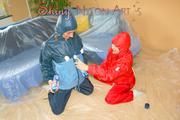 Stella and Leonie playing with shaving foam wearing sexy shiny nylon rainwear (Pics)