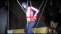 Sonja hanging tied, gagged and hooded with ropes on the ceiling wearing a supersexy oldschool down suit (Video)