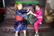 Ronja and Stella destroying shiny nylon rainwear both wearing that stuff (Pics)