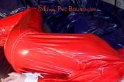 Mara tied and gagged on a princess bed in an old cellar wearing a sexy red sauna suit (Pics)