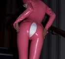 A babypink latex catsuit with Emma and a wet diaper inside