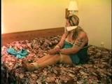 BBW MICHELLE IS WRAP VET TAPE GAGGED, CLEAVE GAGGED, BAREFOOT, TOE-TIED & BOUND UP ON THE BED (D47-13)