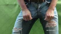 Desperation pee in jeans on balcony