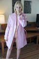 Hot  nude vamp in pink vinyl trench coat