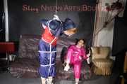 RONJA being tied, gagged and double hooded with ropes and a ballgag from Stella both wearing sexy shiny nylon rainwear (Pics)