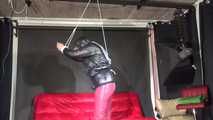 Watching sexy Pia being tied and gagged overhead with ropes and a clothgag wearing a sexy red/black crazy sensation combination (Video)